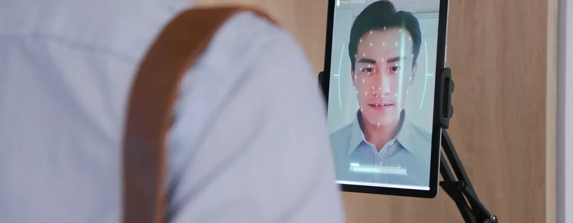 Karyawan menggunakan alat absensi wajah di kantor