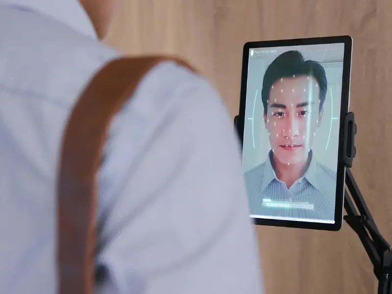 Karyawan menggunakan alat absensi wajah di kantor